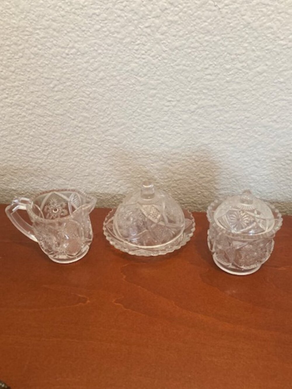 ✨ Vintage Pressed Glass Condiment Set - Creamer, Sugar Bowl & Covered Dish ✨